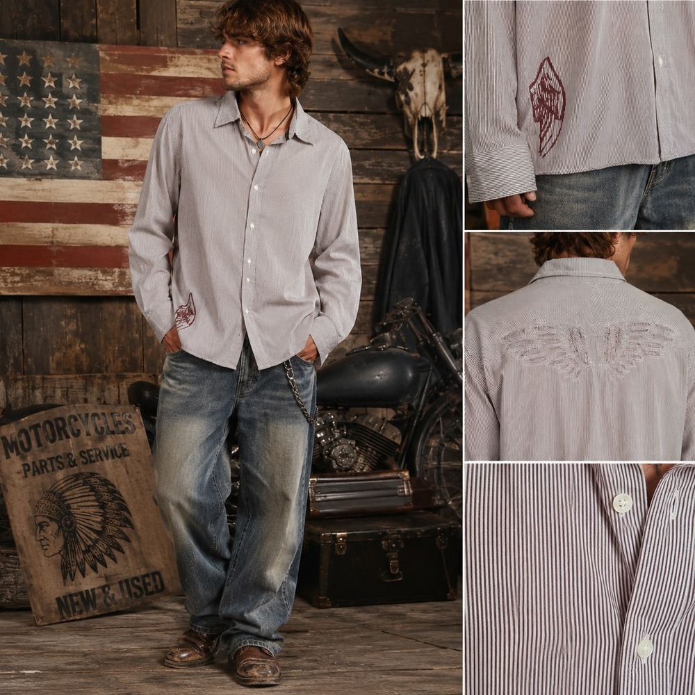 Y2K Route 66 Pinstripe Button Up Shirt Mens L Embroidered Wings Western Biker